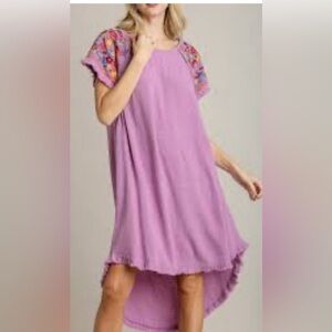 Umgee Purple High Low Dress with Floral Sleeves